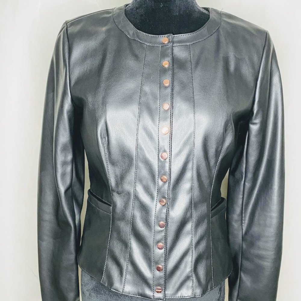 Guess Women's Black Leather Jacket Small With Rose Gold Snap Buttons